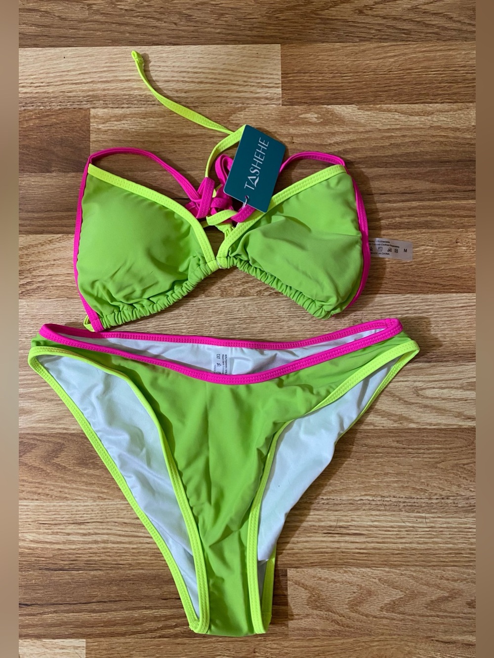 Tashehe Neon Lime & Hot Pink Bikini Set Size Medium NWT